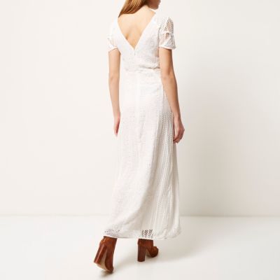 Cream embroidered short sleeve maxi dress